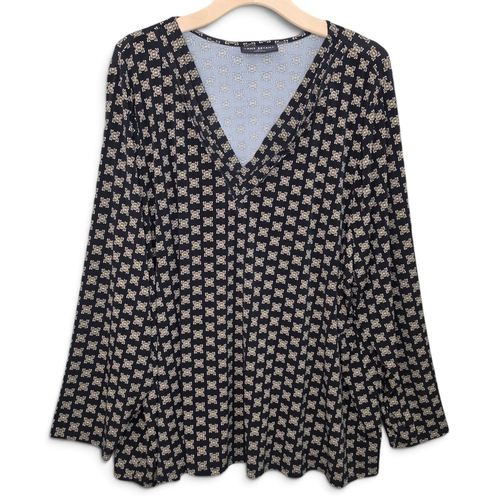 Lane Bryant Top Blouse Womens 26/28 3X 4X Womens V Neck Black Beige Tile Print